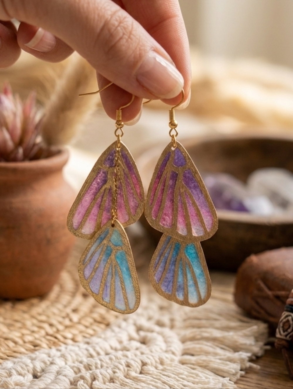 Butterfly Wing Earrings - Gold Multicolor - Handmade Women Jewelry